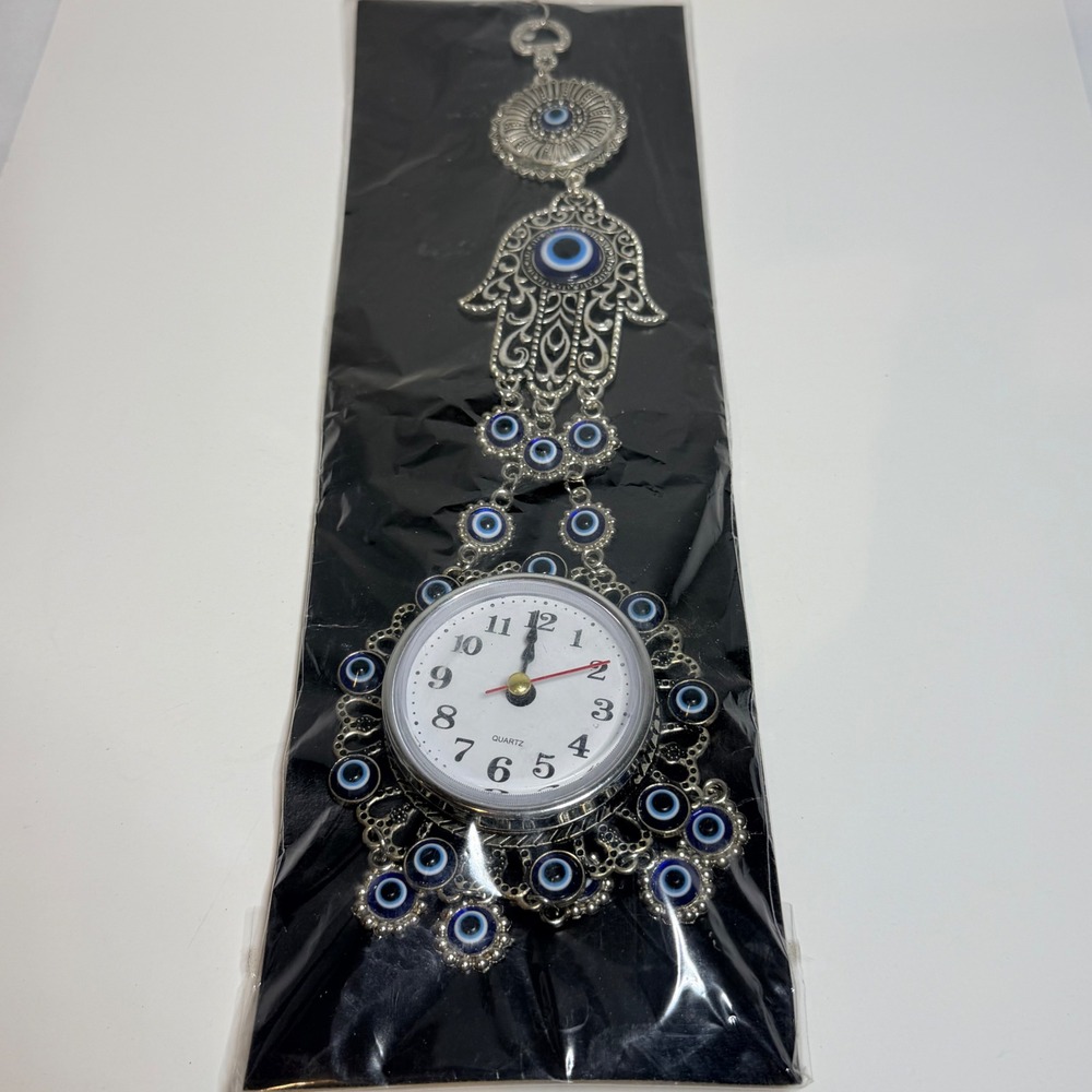 Silver Turkish Hamsa Hand Evil Eye Wall Hanging Clock Nazar Protection Decor